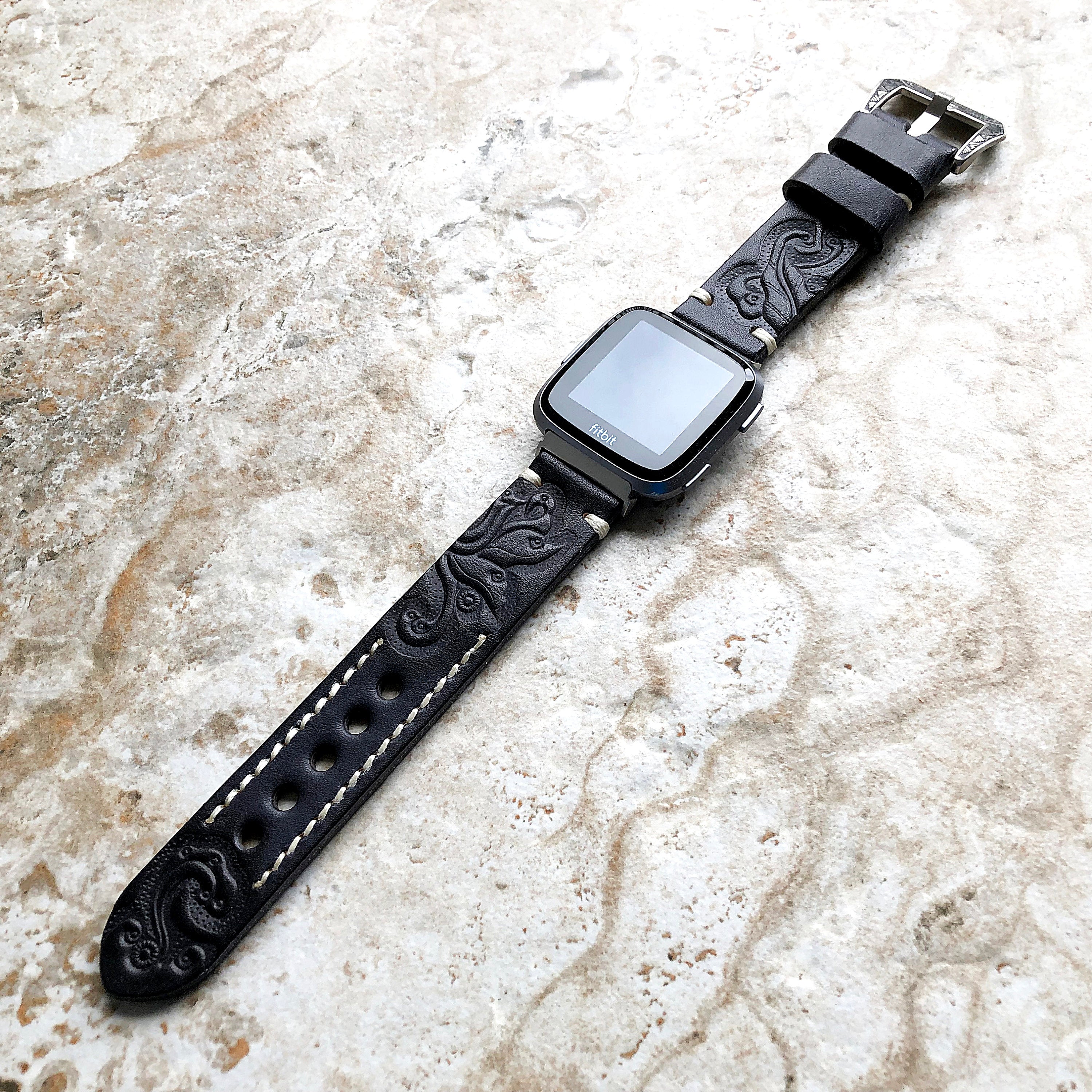 Band for Fitbit Versa 2 3 4 Sense 2 Black Gray Tooled Embossed Leather Bracelet Watch Strap Quick Release Adapters Silver Rose Gold Black